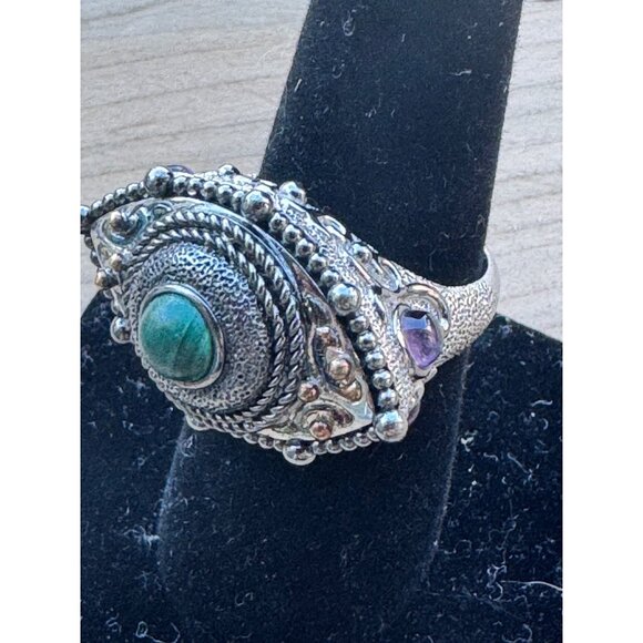 Sterling Silver 925 Ornate Ring w/ Malachite Center & Amethyst Accents Bali Boho - Picture 2 of 12